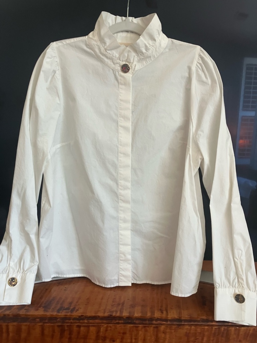 Sezane Elegant Ambre Blouse in Ecru, Gold Buttons at Cuffs, Neck, Sz. 10, 42